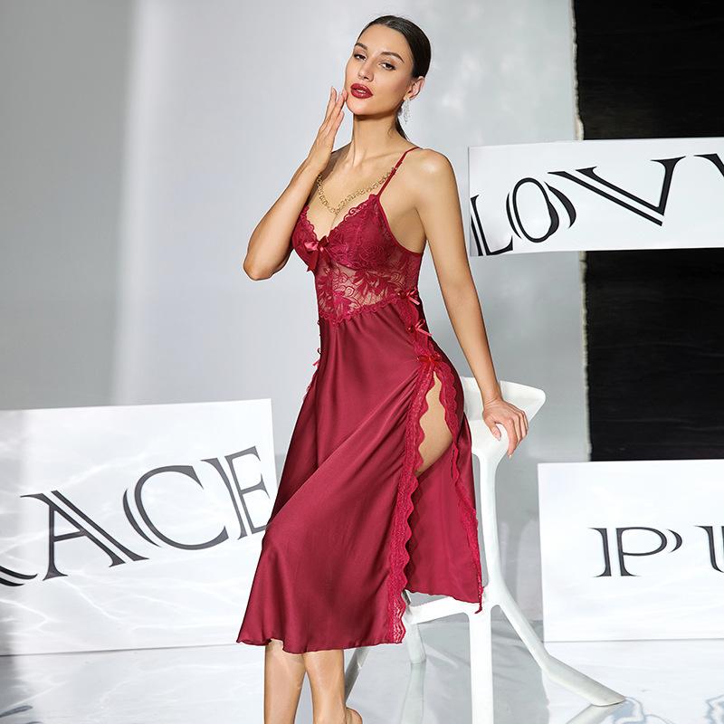 Кружевное Пэчворк Ночное Платье с Высоким Разрезом Встроенный Бюстгальтер Длинная Атласная Майка Женская Удобная Одежда для Дома 979 Поддерживающая Элегантная Одежда для Сна с Выигрышным Дизайном