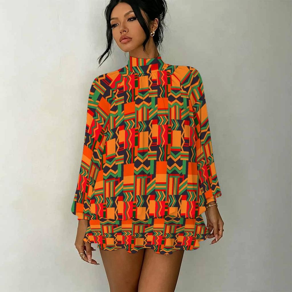 Women's 3D Checkerboard Print Print Mock Neck Long Sleeve Dress, Raglan Sleeve Fake Two Piece Mini Dress