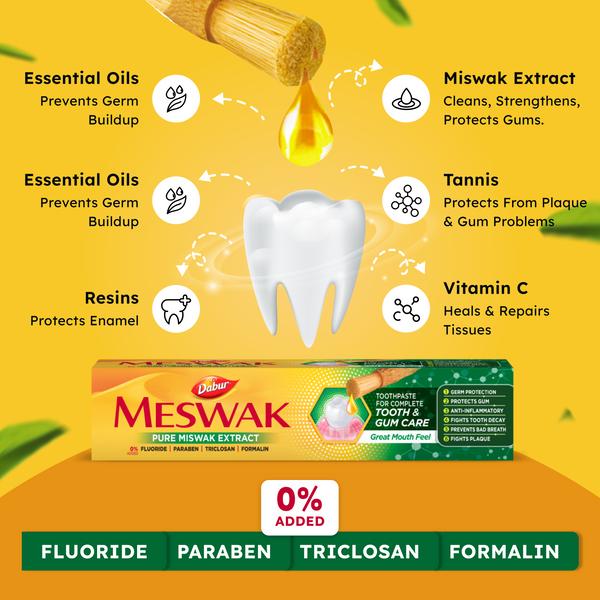 Dabur Зубная паста Meswak Complete Oral Care 500 г | Травяная зубная паста без фтора с экстрактом мисвака для крепких зубов и здоровых десен