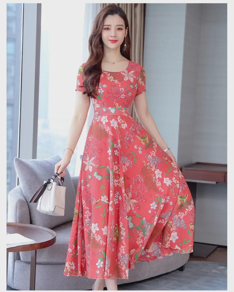 Женское платье длиной до колена с короткими рукавами, цветочным принтом, круглым вырезом и приталенным кроем, лето 2021 г.