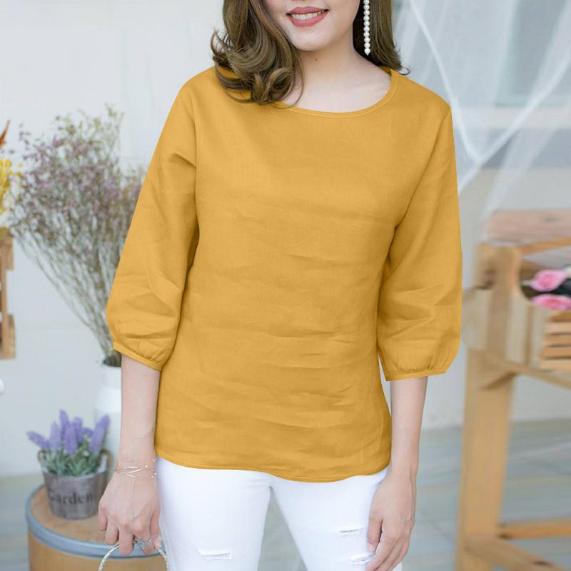 ZANZEA Женская повседневная блузка свободного кроя с круглым вырезом и рукавом 3/4
