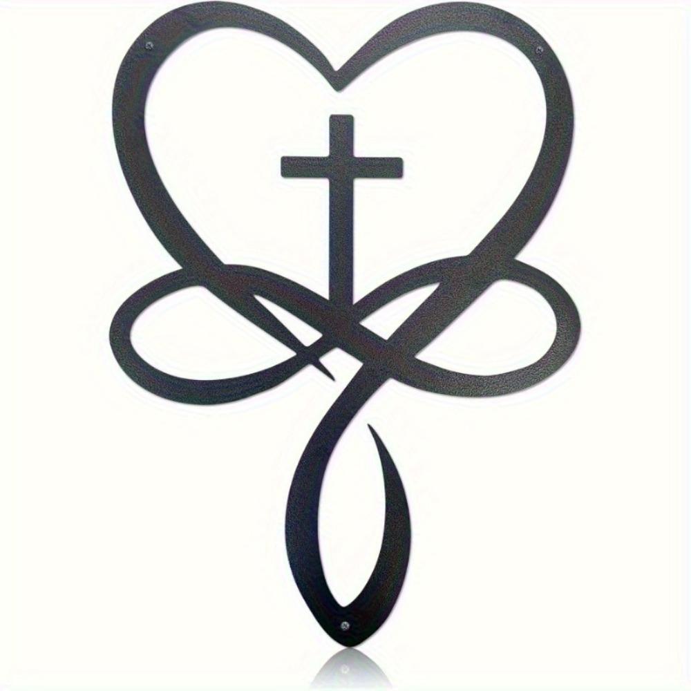 Iron Heart Cross Настенное искусство Черный металл Знак Любовь Вера Декор дома Уникальный свадебный подарок Спальня пары Гостиная Вдохновляющая скульптура