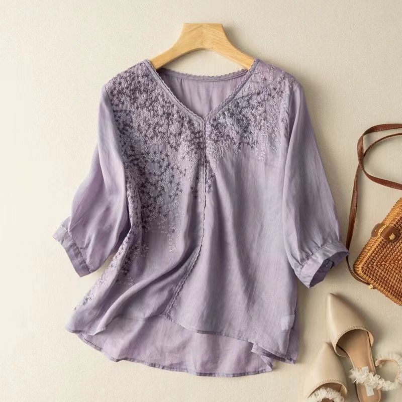 Women's Summer Embroidery Lace Slimming Blouse Boho V Neck Loose Fit Comfy Cotton Linen Tunic Blouse Half Sleeve Tee Shirt Tops