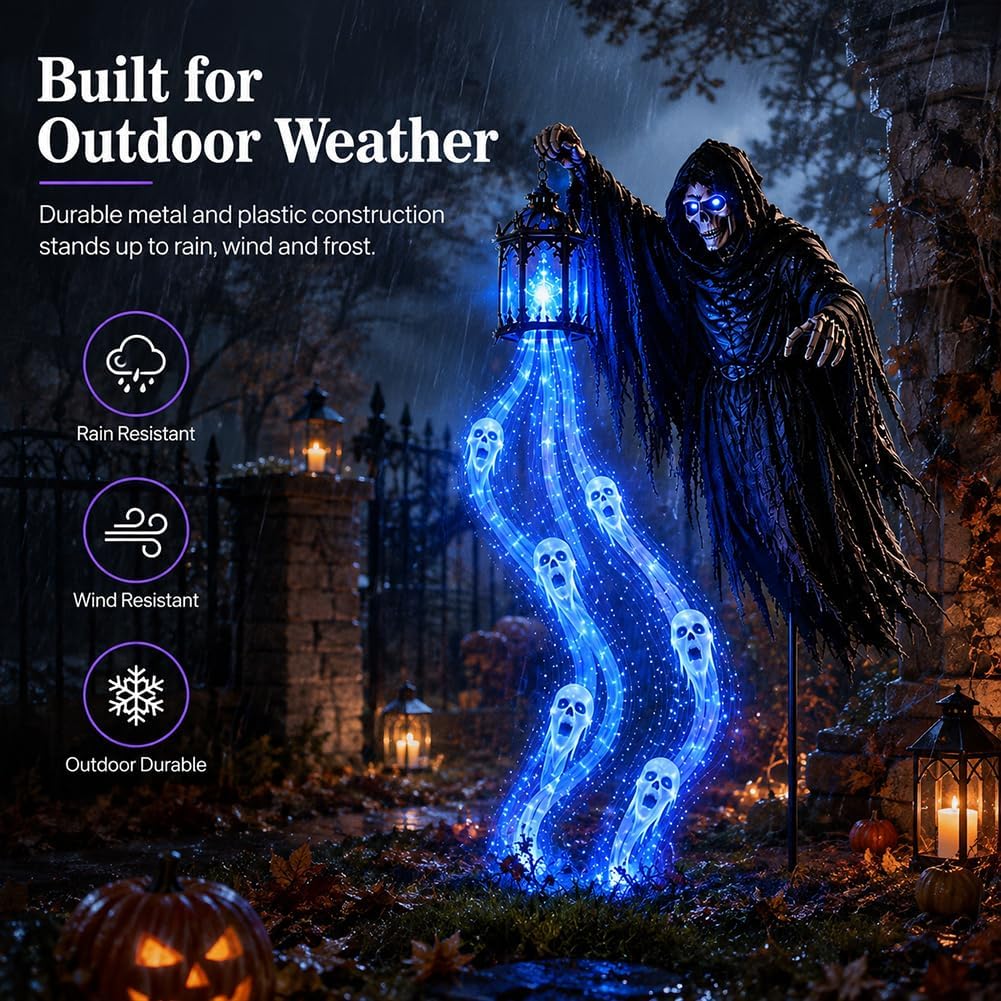 Halloween Soul Harvester Solar Garden Light, 90cm Animated Grim Reaper Ground Stake Decor for Outdoor Pathway Yard Display