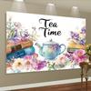 2D Vintage Tea Party Tapestry Floral Teapot and Stacked Books Background Cloth