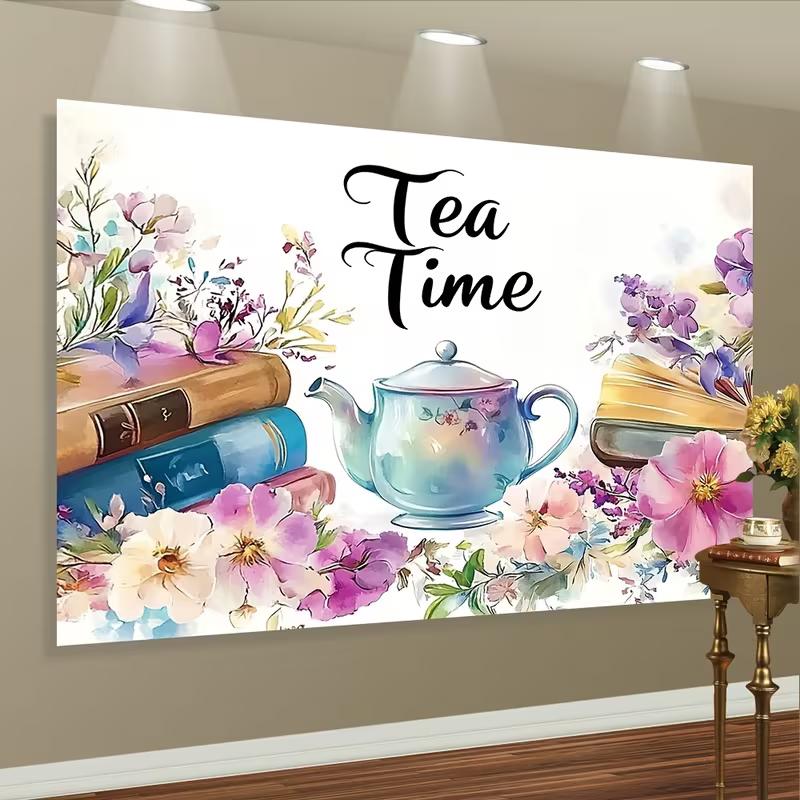 2D Vintage Tea Party Tapestry Floral Teapot and Stacked Books Background Cloth