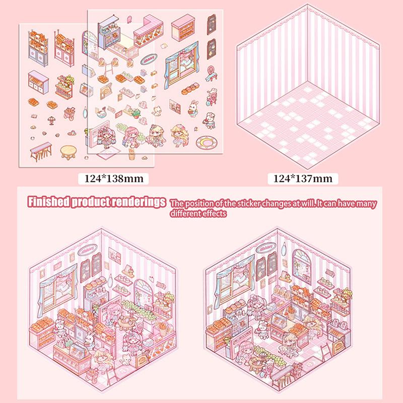 1 набор мультяшных ресторанных миниатюрных сцен для пекарни, 3D-наклеек для ландшафтного дизайна, визуальные трехмерные наклейки для укладки
