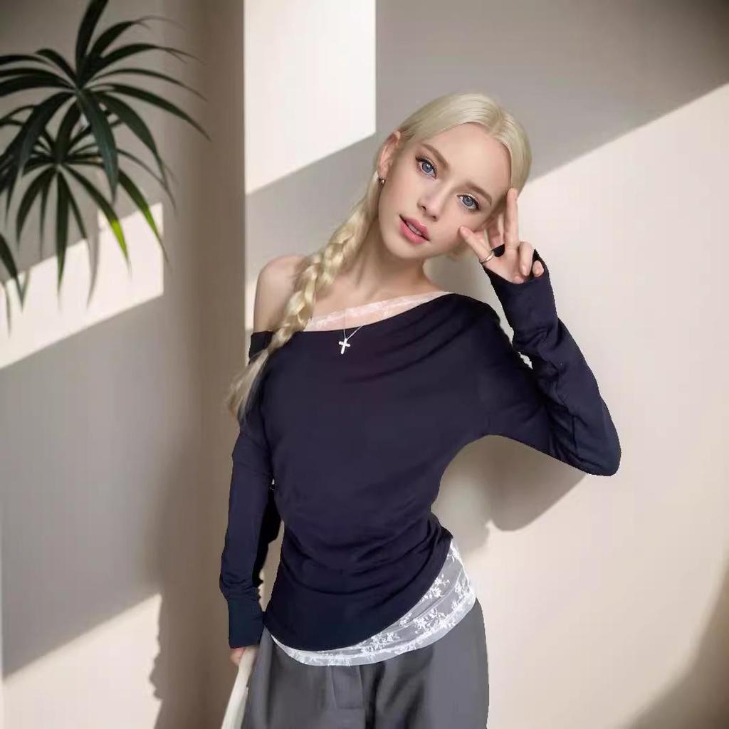 Топ с открытыми плечами, кружевными вставками и длинными рукавами, облегающего кроя - Новый чистый и сексуальный осенний стиль 2024