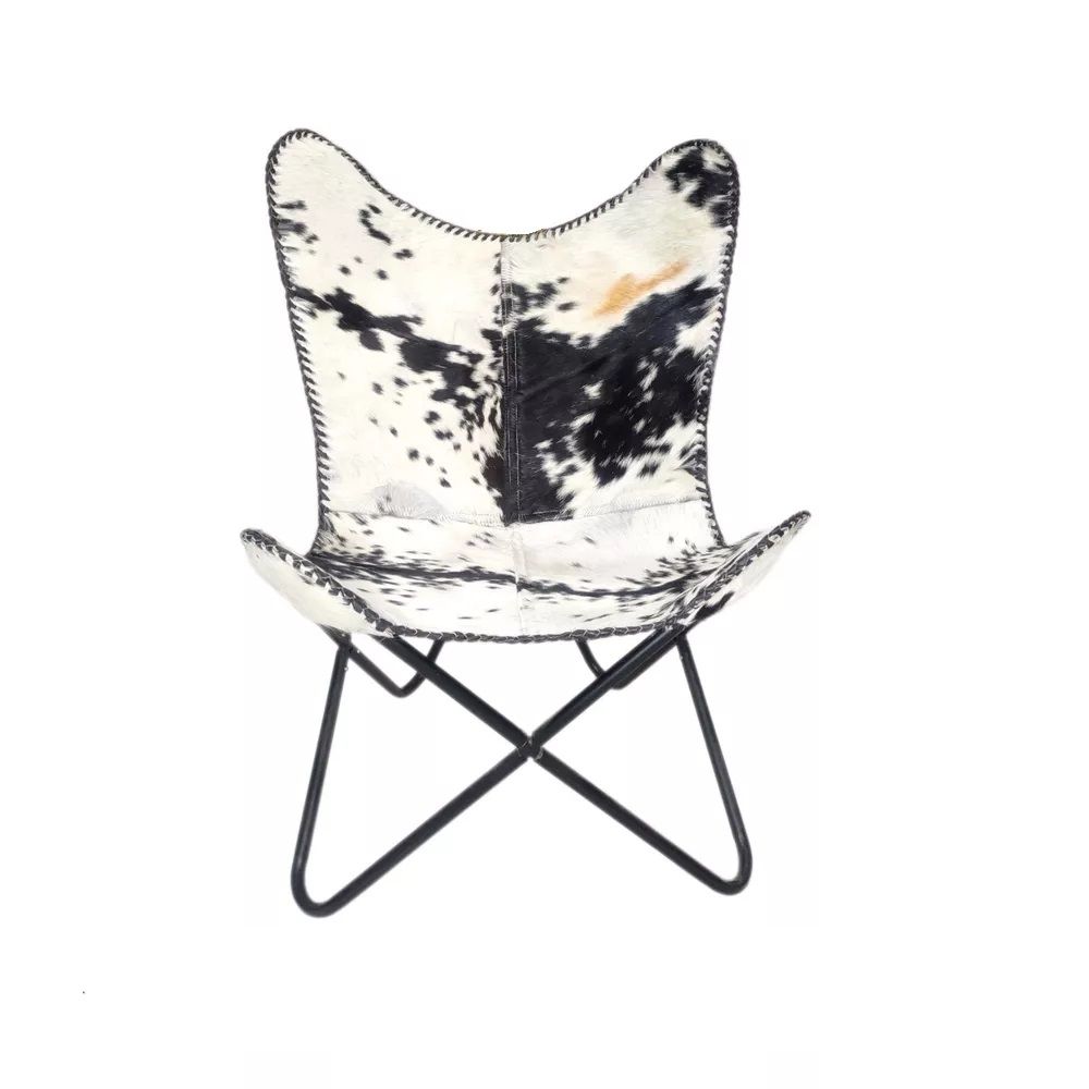 Черно-белое кожаное кресло-бабочка из воловьей кожи с подлокотниками и акцентом