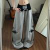 Womens Heavyweight Cross Sweatpants American Style Loose Wide Leg Pants Casual Streetwear