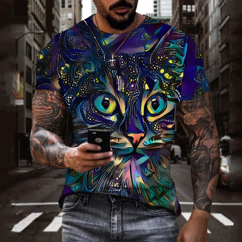 Летние мужские футболки с 3d принтом, забавная синяя футболка с рисунком кота, модная футболка с короткими рукавами, дышащая рубашка с круглым вырезом для мужчин