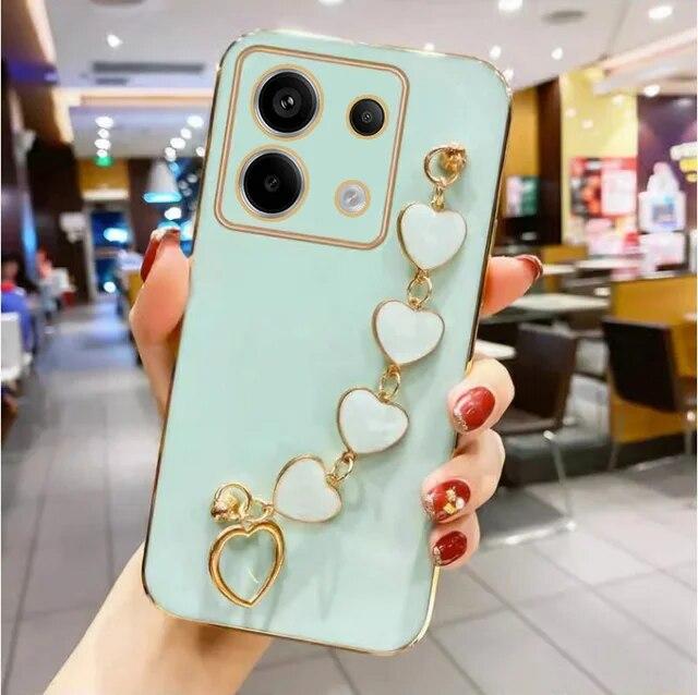 Для POCO X6 Pro M6 Pro чехол с браслетом в форме сердца, чехол с цепочкой на запястье для Xiaomi Mi POCO F5 X5, гальванический противоударный мягкий силиконовый чехол для телефона