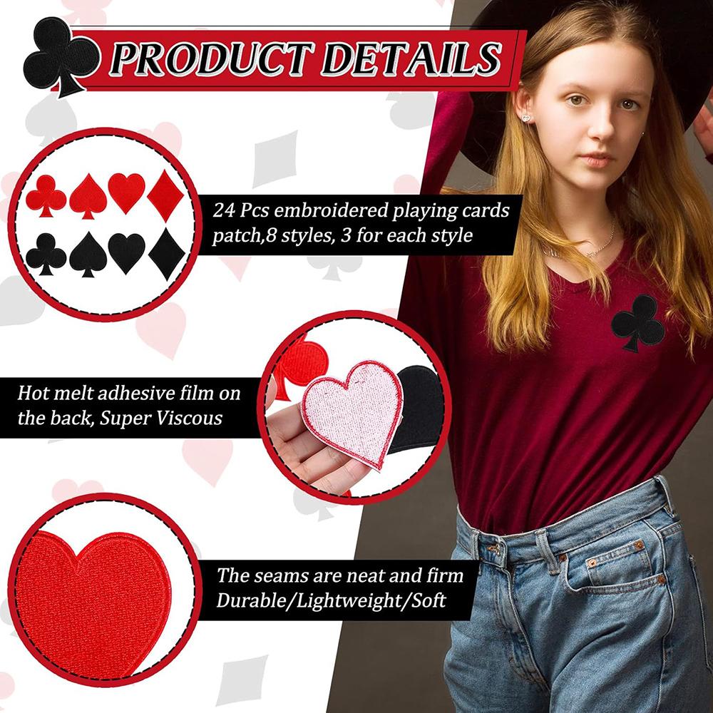 8Pcs Poker Embroidery Patches Spades Poker Red Heart Iron On Patches DIY Clothes Applique