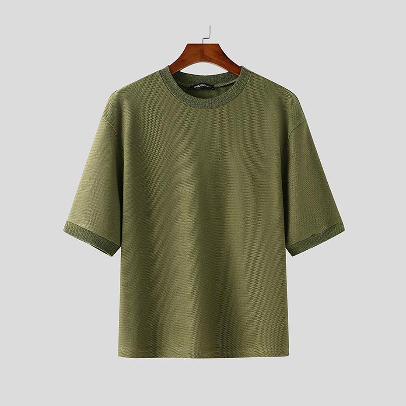 INCERUN Летние мужские футболки с коротким рукавом и круглым вырезом, с фактурной строчкой, свободные топы