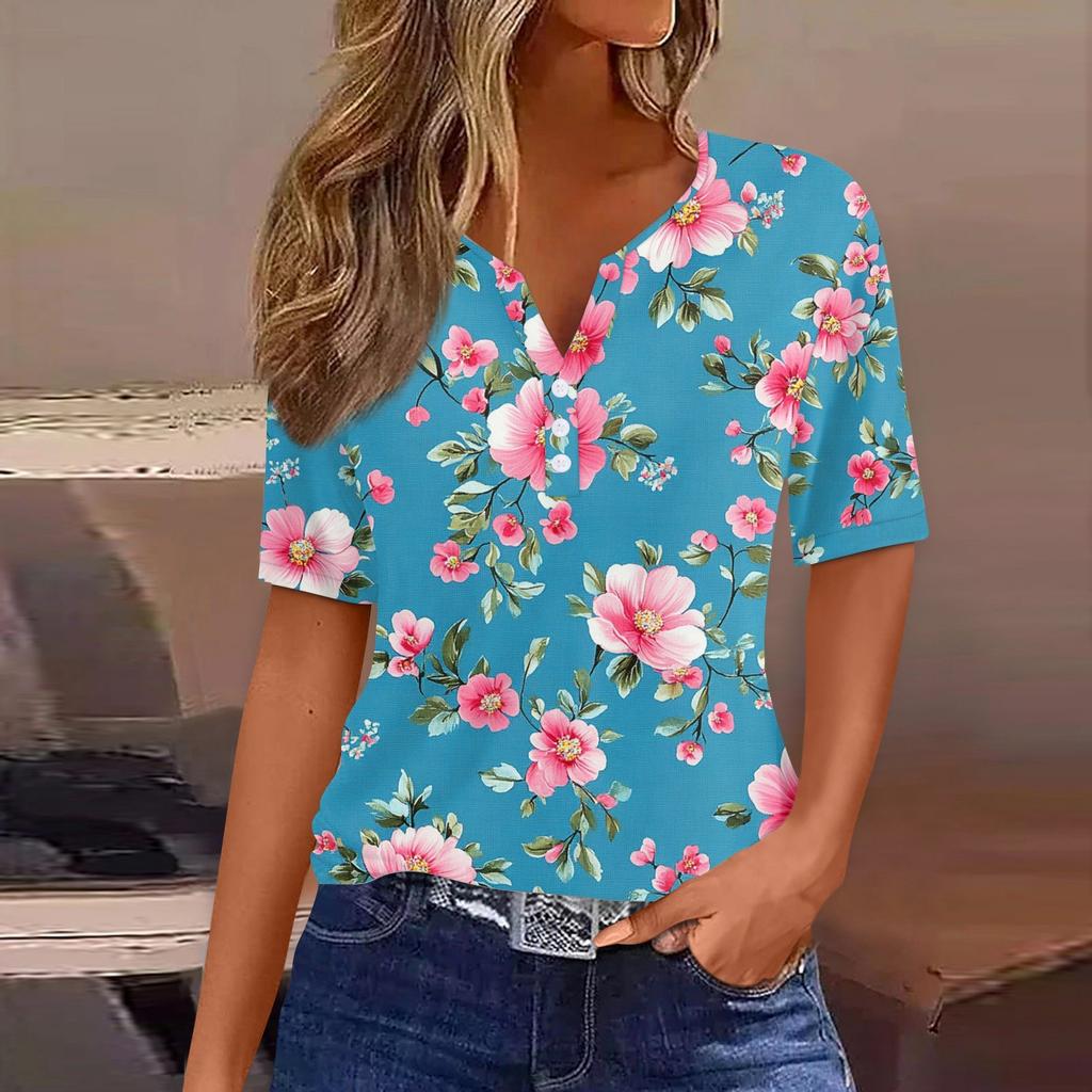 Женская мода повседневная винтажная цветочная печать V-образный вырез короткий рукав декоративная пуговица футболка топы