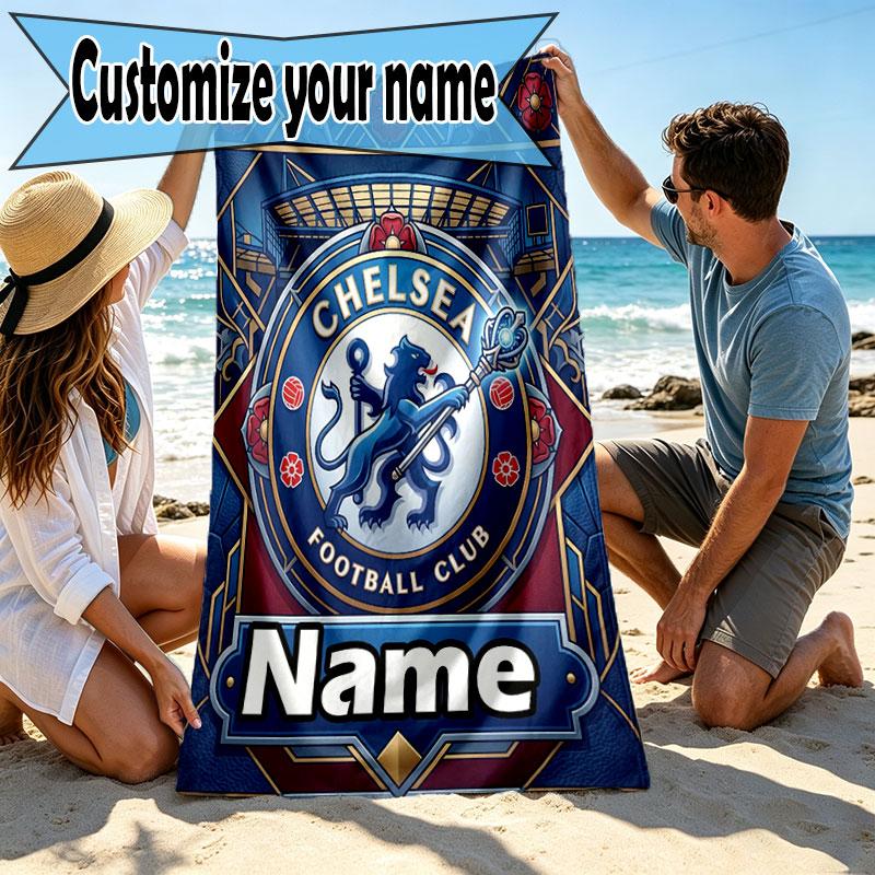 Custom Name Personalized Chelsea Football Club Print Beach Towel, for Trip Camping Beach Party Home Decor, Birthday Gift for Family & Friends