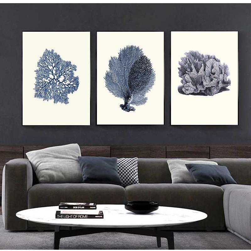 Dark Blue Coral Art Prints, Antique Wall Decorations, Vintage Marine Corals, Wall Art Prints, Canvas Painting,