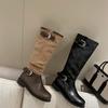 Ma Sichun same thick heel suede splicing knight boots women's boots 2025 autumn and winter belt buckle thin boots