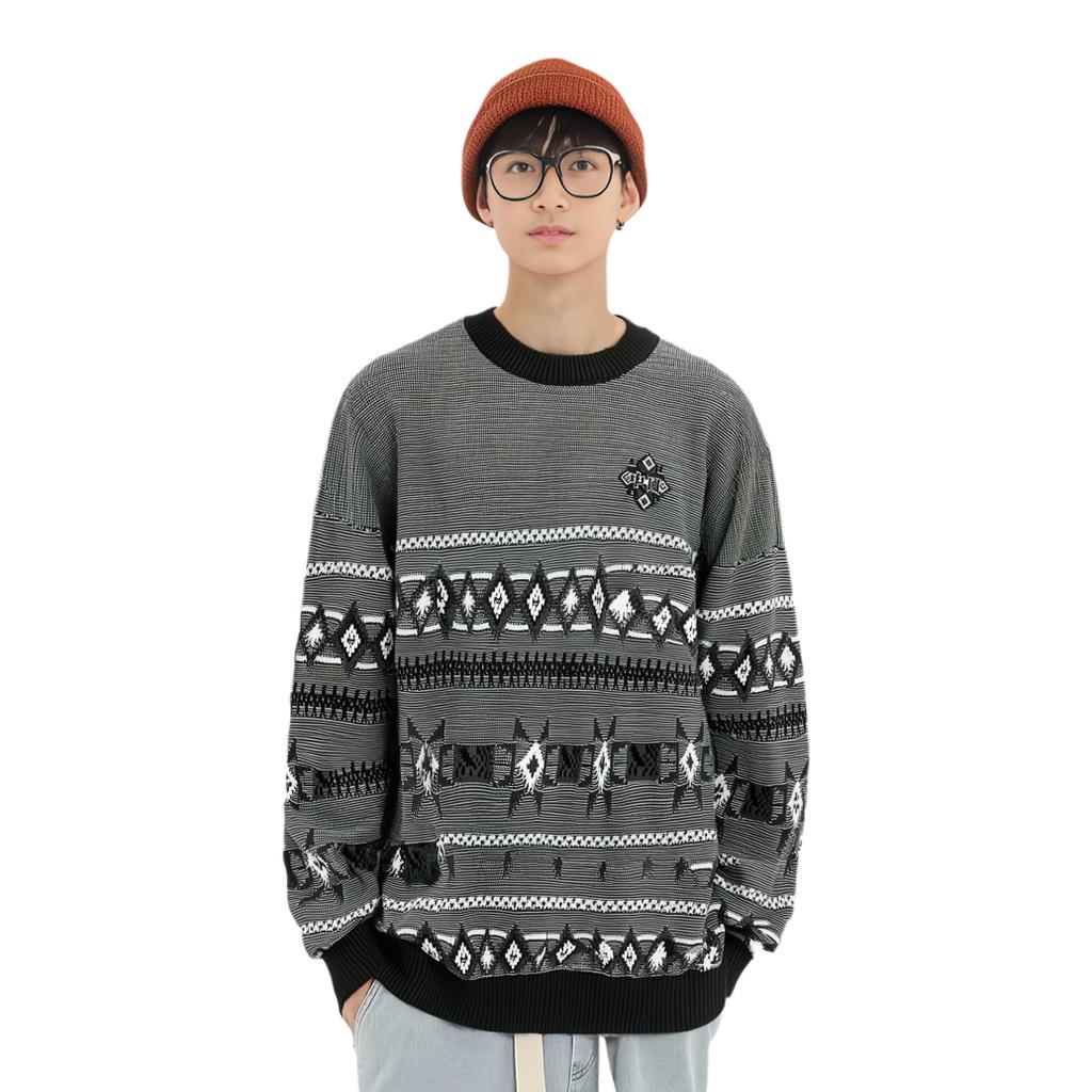 Li-Ning Мужской свитер-пуловер с круглым вырезом и цветными блоками и принтом «ромб», черный AMBT247-3