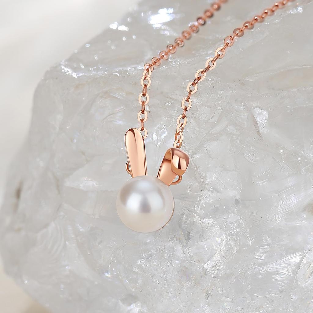 Genuine Pearl Necklace for Women K18 Pink Gold Freshwater Pearl Rabbit Single 7mm Pendant with Gift Wrapping Day Christmas Birthday Anniversary