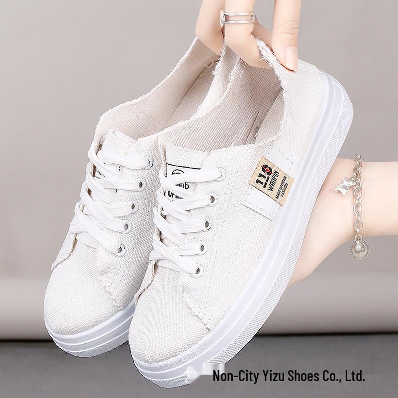 Женские белые низкие кеды из парусины - Весна/Осень, Корейский стиль, Дышащие, Нескользящие, Универсальные и Модные.