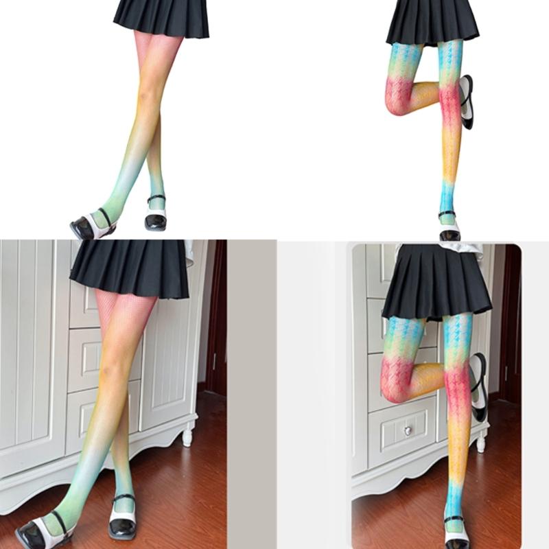 Sexy Gradients Rainbow Colorful Fishnet Tights for Women Candy Color Hollow Lace Jacquard Pantyhose JK Stockings Leggings