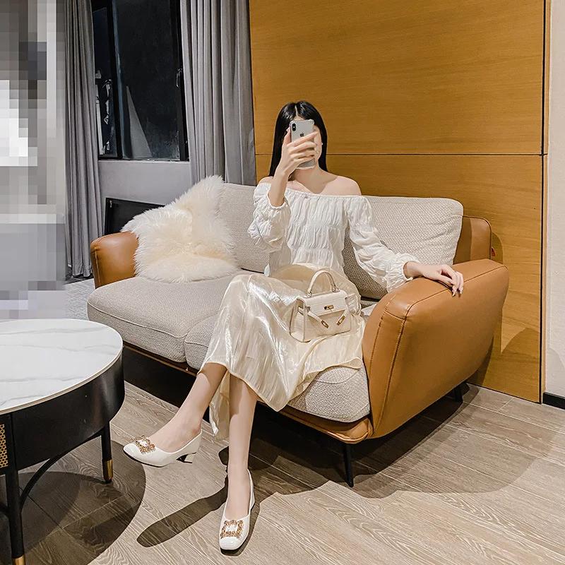 Spring New Shoes for Women Fashion Shiny Rhinestones Pumps New OL Square Toe Leather High Heels Shoes Ladies Boat Shoes 35-43