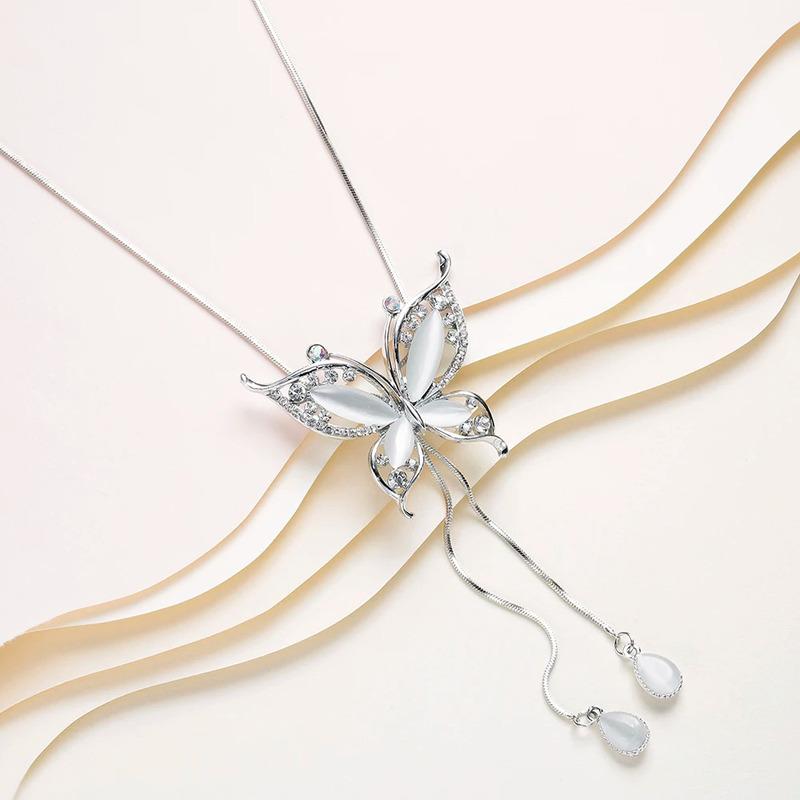 Модное длинное ожерелье с бабочкой-опалом, цепочка для свитера, металлический кулон с кристаллами, ожерелья, аксессуары на шею, модные ювелирные изделия для женщин