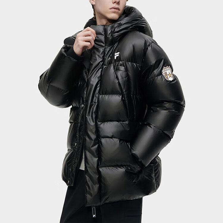 Fila Fusion Мужская теплая пуховая куртка средней длины с капюшоном на молнии, однотонная, черная T11M345908F-BK