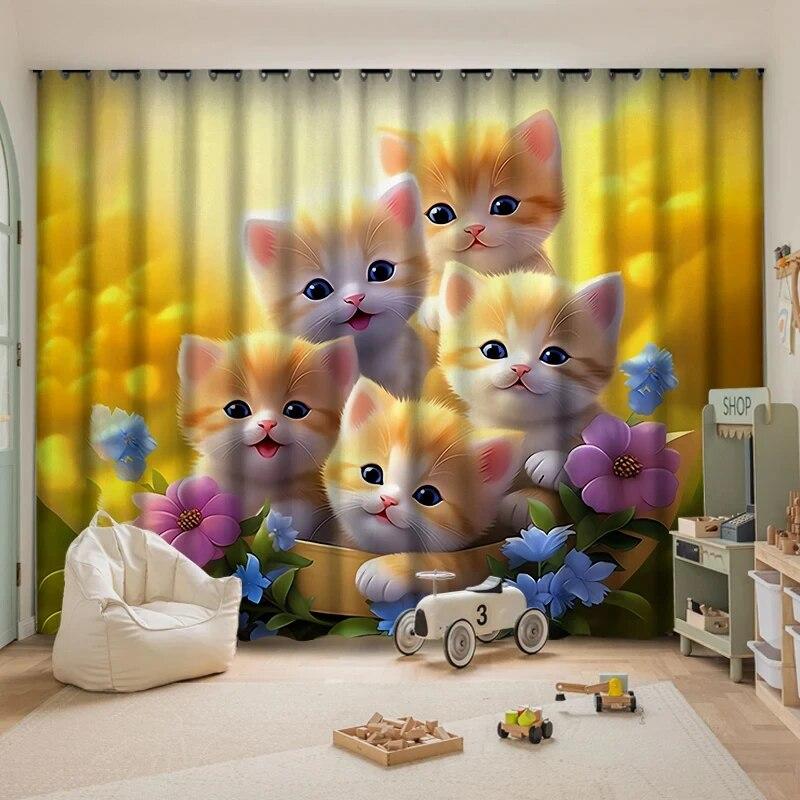 Плотные шторы с милым котом, детская комната, эркер, окно от пола до потолка, простая установка, затенение, тепло, различные узоры