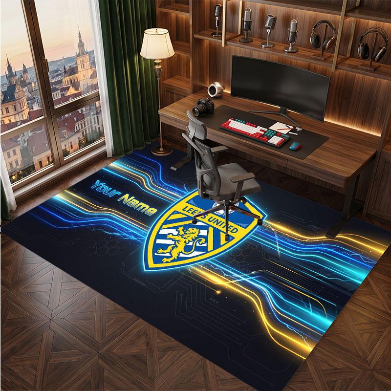 Leeds United Custom Crystal Velvet Rug, Personalized Name Text Print, Football Logo Soft Non‑Slip Floor Mat Home Decor Gift