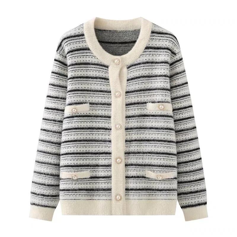 Корейская осенне-зимняя вязаная куртка женская повседневная с длинным рукавом в полоску имитация норки бархатный кардиган свитер женский топы