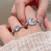 Elegant Glacier Blue Moon and Star Adjustable Open Ring for Women