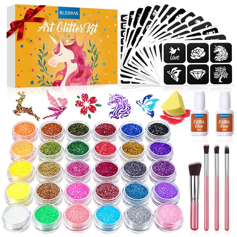 Glitter Tattoo Set, Bledras 36 Colors Kids Tattoo Set, 178 Stencils, 5 Brushes, 2 Glue, Flash Tattoo Kit for Girls, Boys and Adults, Carnival