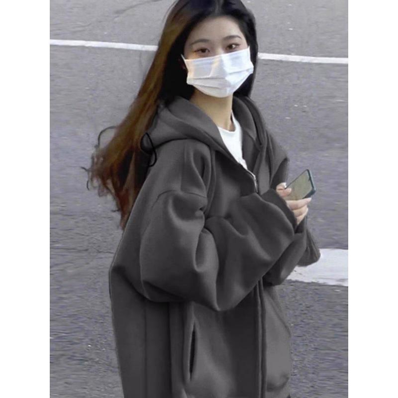 Sweatshirt Women's Sprin Autumn Hooded Thin Jacket with Thick Velvet Korean Style Trendy Student Loose Top Cardigan