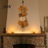 Thanksgiving Porch Hanging Rustic Pumpkin Swag, Wooden Ornament with Optional Warm Fall Fireplace Decor LED Lights, Front Door Hanger for Farmhouse