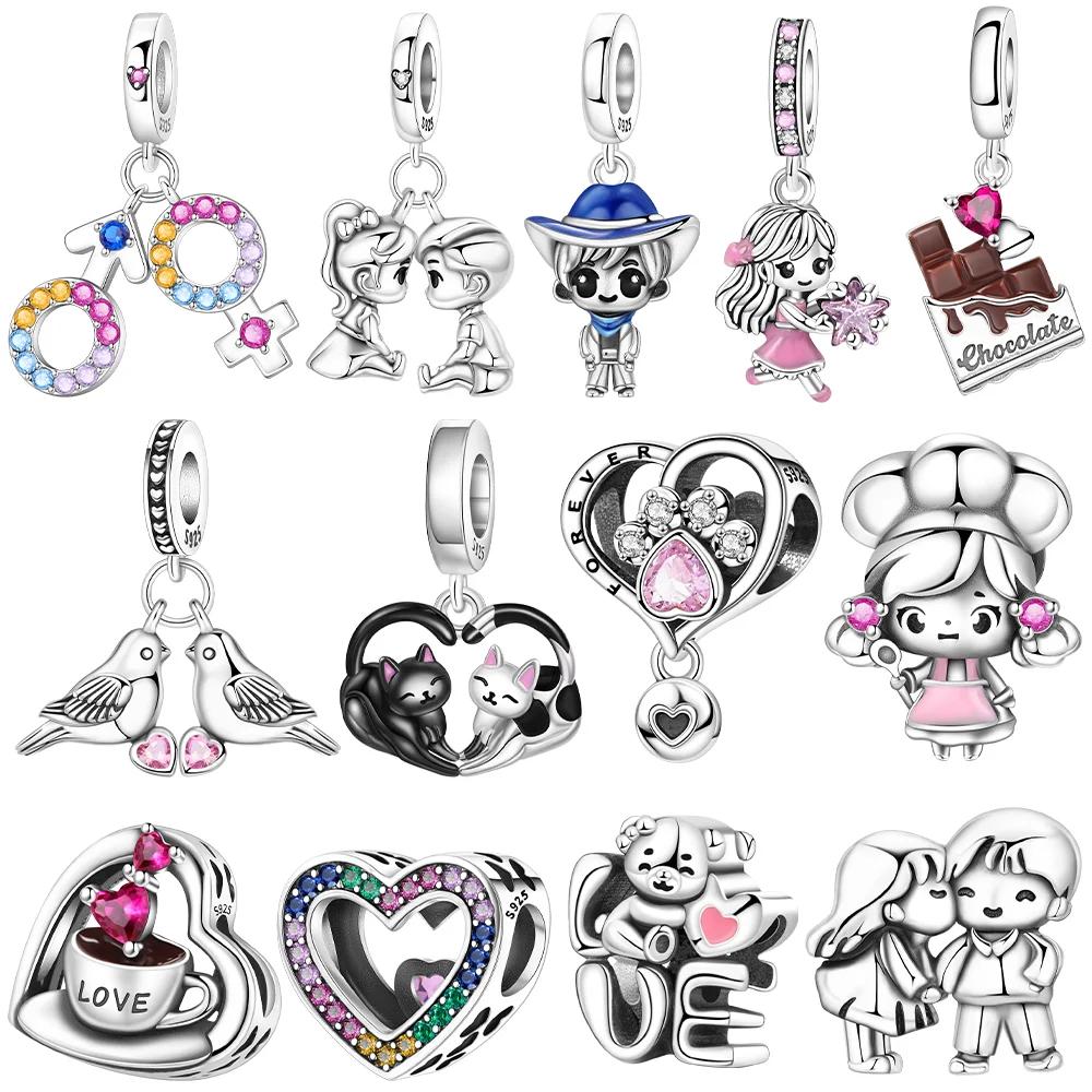 Изысканные оригинальные символы пары мальчик девочка медведь любовь розовое сердце кошка шармы медные бусины подходят для браслета ювелирный подарок женщинам DIY