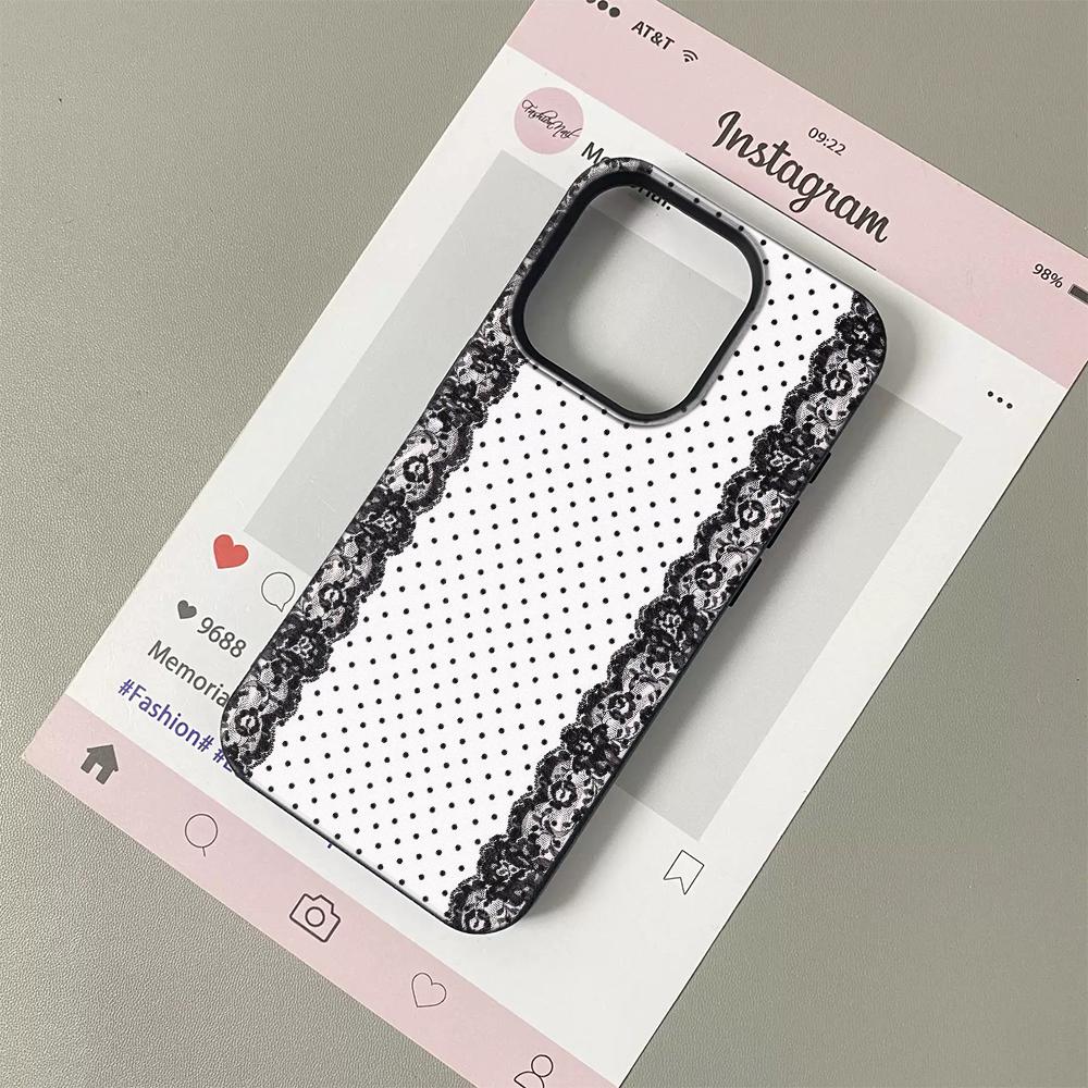 Черный Кружевной Чехол для Телефона с Рисунком Личи в Горошек Для iPhone 17 16e 16 15 14 13 12 11 Air Pro Max Plus XR XSMax Ударопрочный