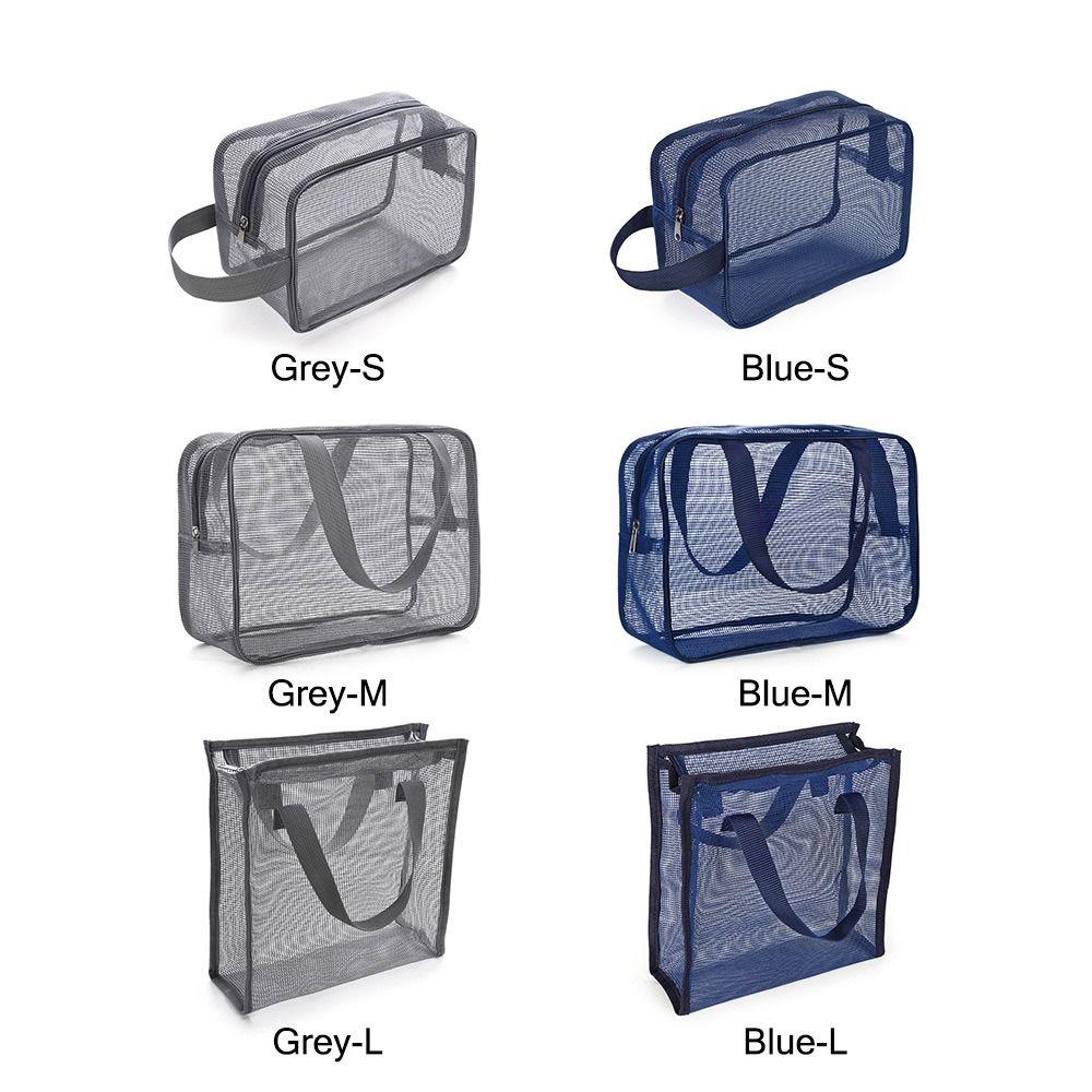 Portable Grey Blue Mesh Shower Bag Mesh Beach Makeup Handbag Leaking Water Foldable Gym Tote Bag Bathroom Shower Organizer