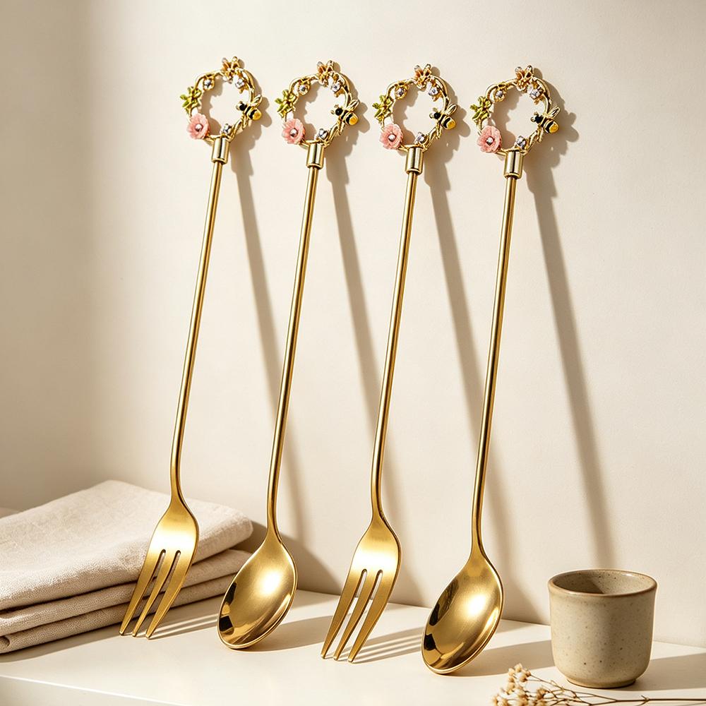 4Pcs 304 Stainless Steel Coffee Spoon Watermelon Ice Cream Spoon Tea Spoons Dessert Spoon Fork With Pretty Pendant Creative Tableware
