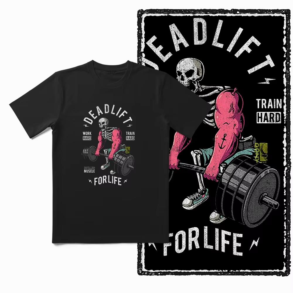 2025 Лето Узор со штангой Тренировочная футболка с коротким рукавом Хлопковая Свободная и Дышащая Мужская Футболка Топ для Фитнес-Энтузиастов