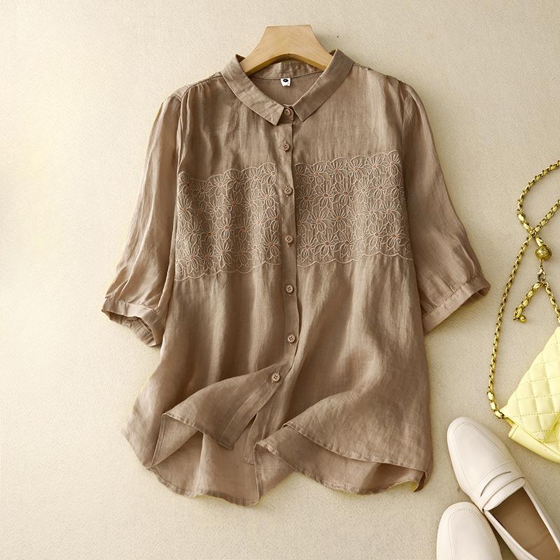 Summer Artistic Loose Embroidery Flower Cotton Linen Short Sleeved Shirt Women's Shirt Top