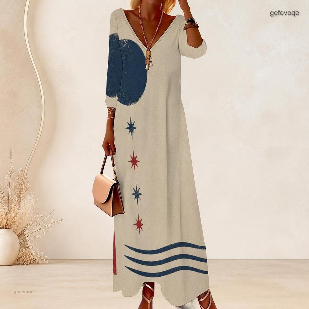 Plus Size Women V Neck 3 4 Sleeve Maxi Dress Soft Fashion Daily Street Wear