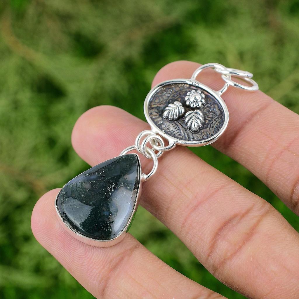 Daughters Day Deal Pear Solar Moss Agate Gemstone Bezel Pendant Sterling Silver