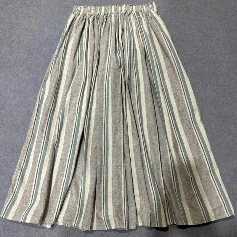 Johnature Винтажные юбки в японскую полоску, женские летние свободные эластичные льняные юбки с карманами