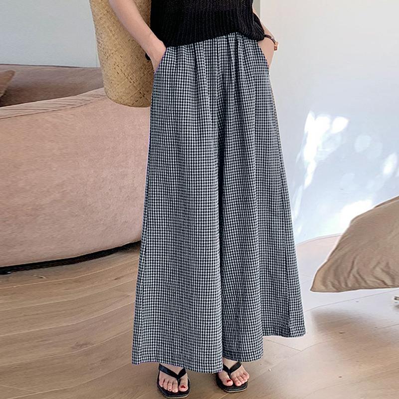 ZANZEA Summer Casual Elastic Waist Loose Wide Leg Plaid Print Pant For Women