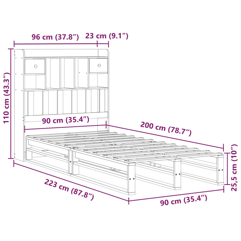 Solid Wood Bed with Shelf Without Mattress 90x200 cm Pine