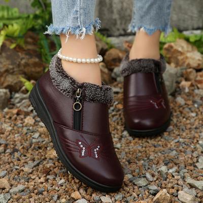 Дизайн бренда Вышивка Бабочка Украшение Туфли для мамы 2025 Зима Теплые Короткий плюш Ботильоны на танкетке Ботинки на боковой молнии