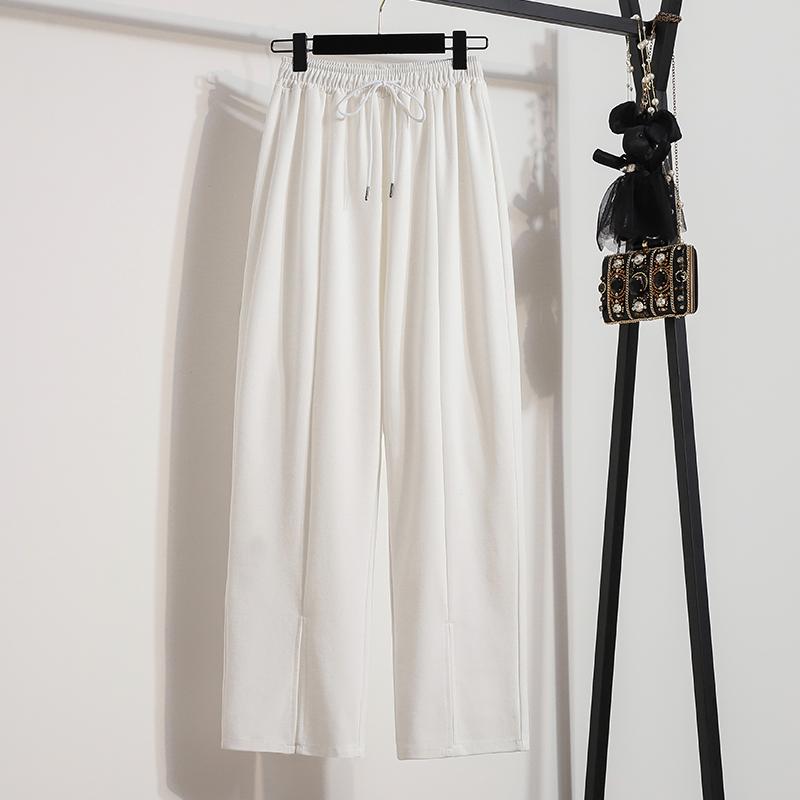 Dimanaf 2024 Plus Size Summer Long Pants Women Elastic Pants Loose Straight Casual Female Basic Trousers Wide Leg Pants White 5XL