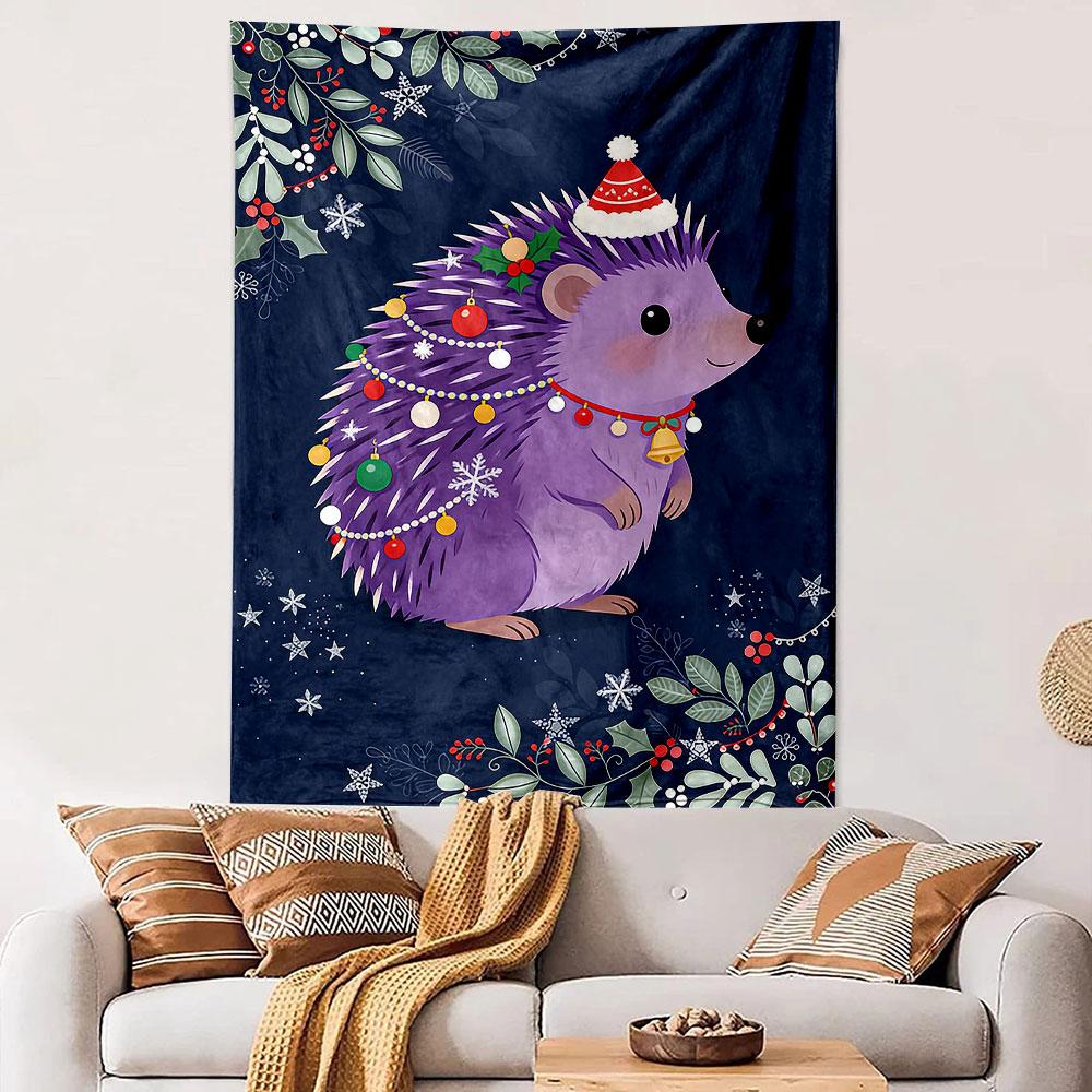 Purple Hedgehog with Christmas Decor Patterned tapestry home decor, suitable for bedroom and living room, gift